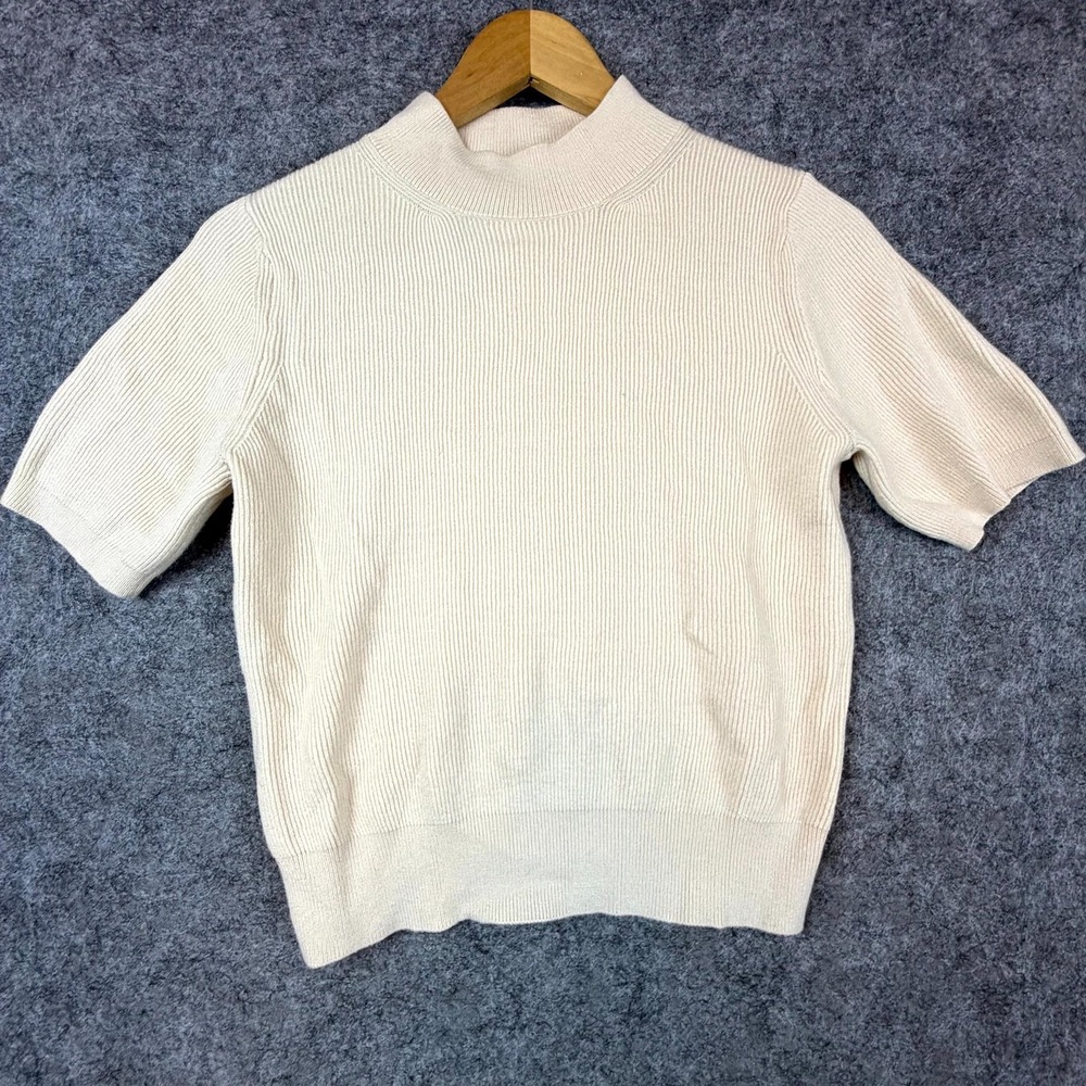 MNG Mango Sweater Womens Cream Knit Ribbed Career Basics Capsule Mock Neck